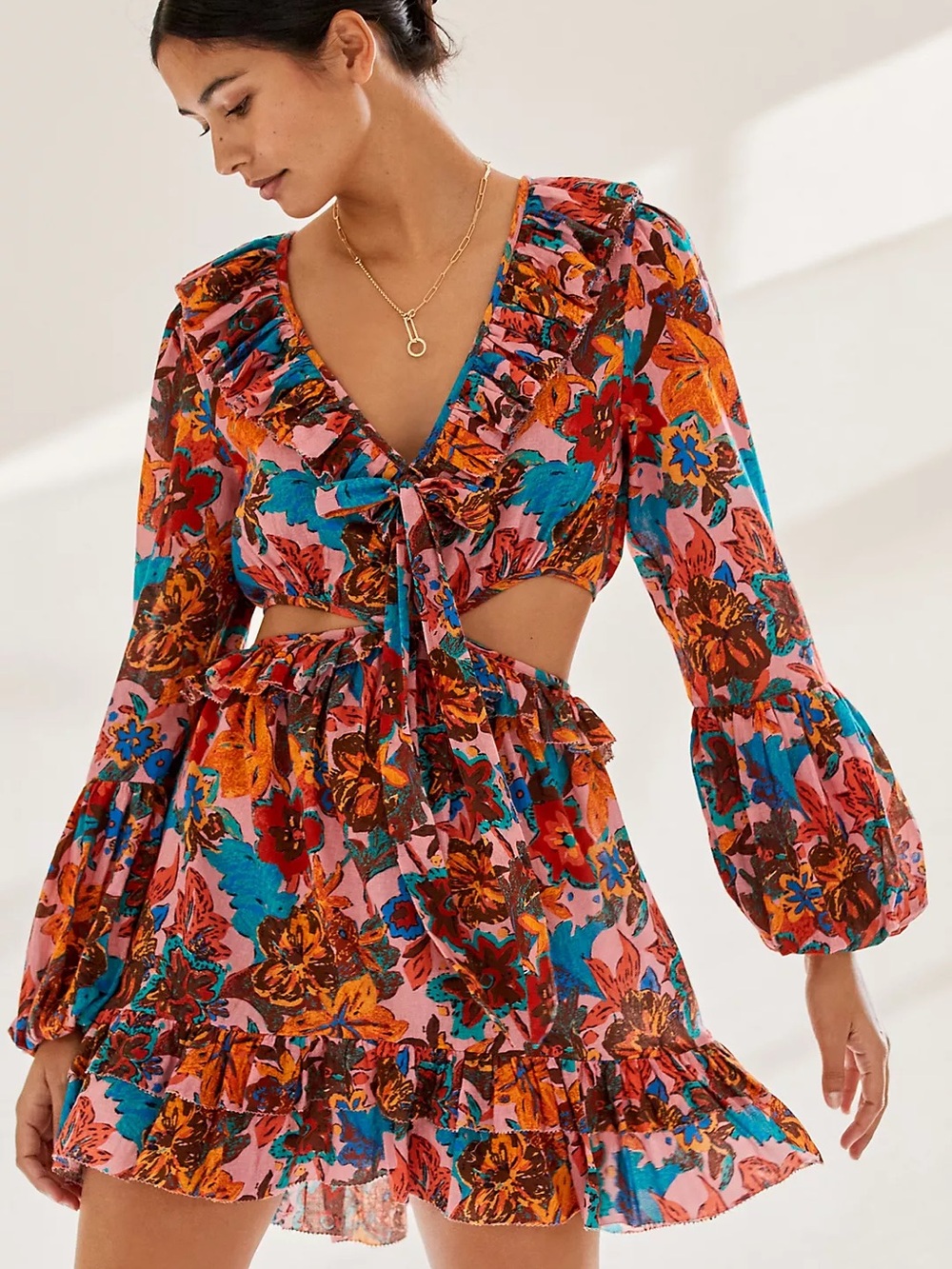 Tie-Front Floral Cutout Mini Dress in Pink & Teal